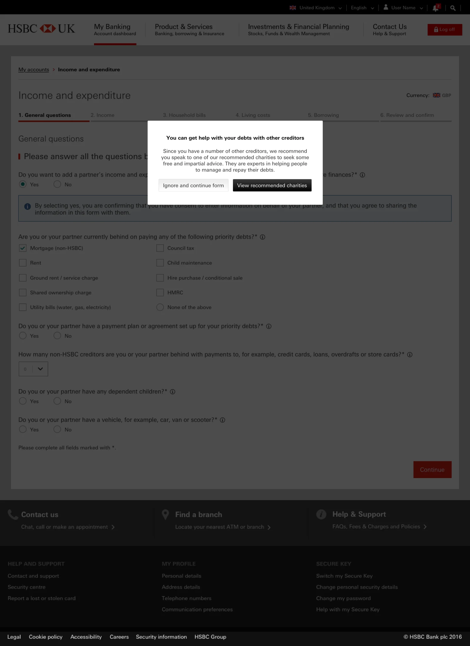 Income and expenditure form showing a prompt that recommends speaking to free debt advice charities, with options to view recommended charities or ignore and continue the form