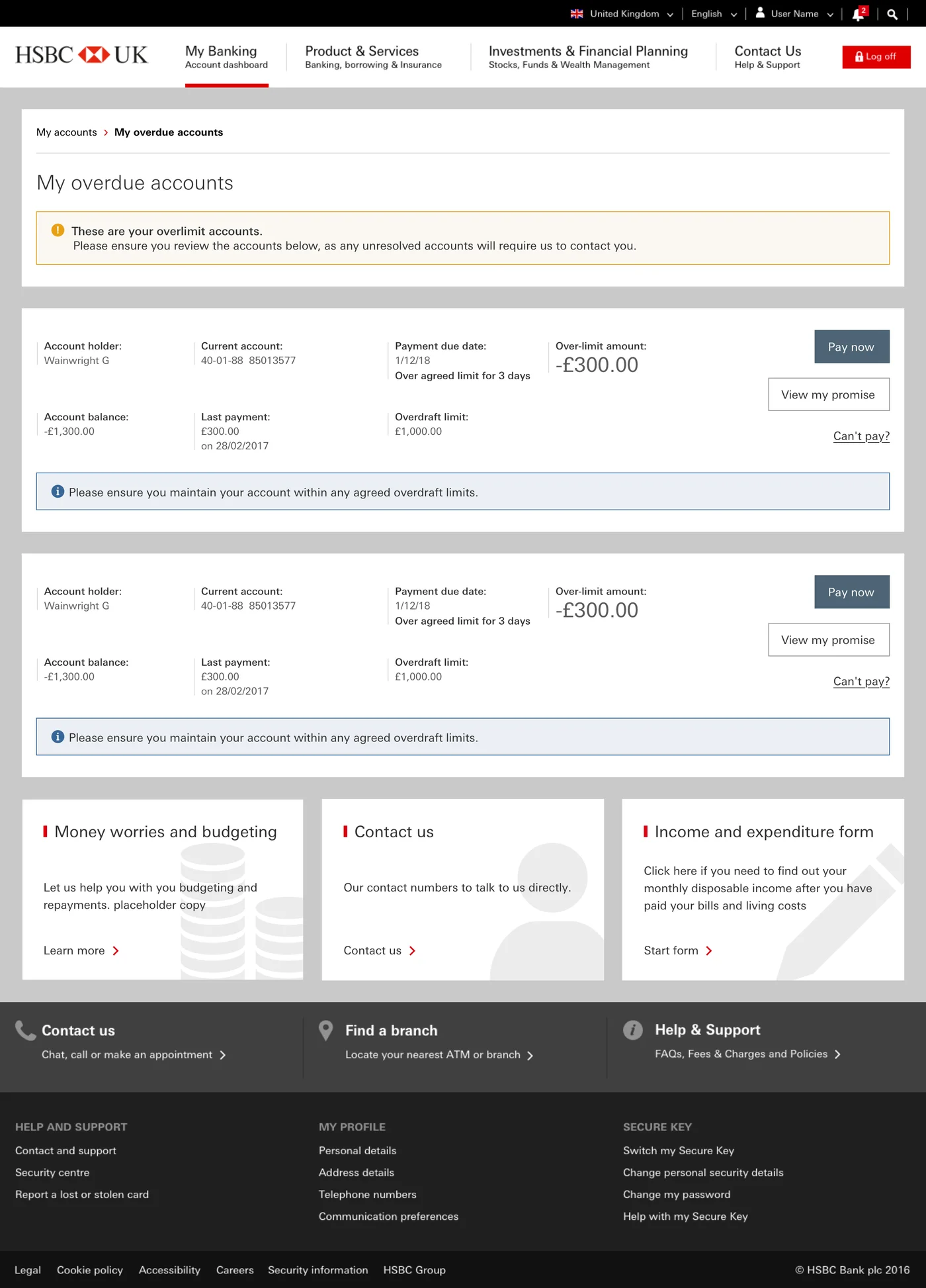Overdue accounts dashboard showing two current accounts, both over their agreed limit, each rendered with the same card structure and action hierarchy