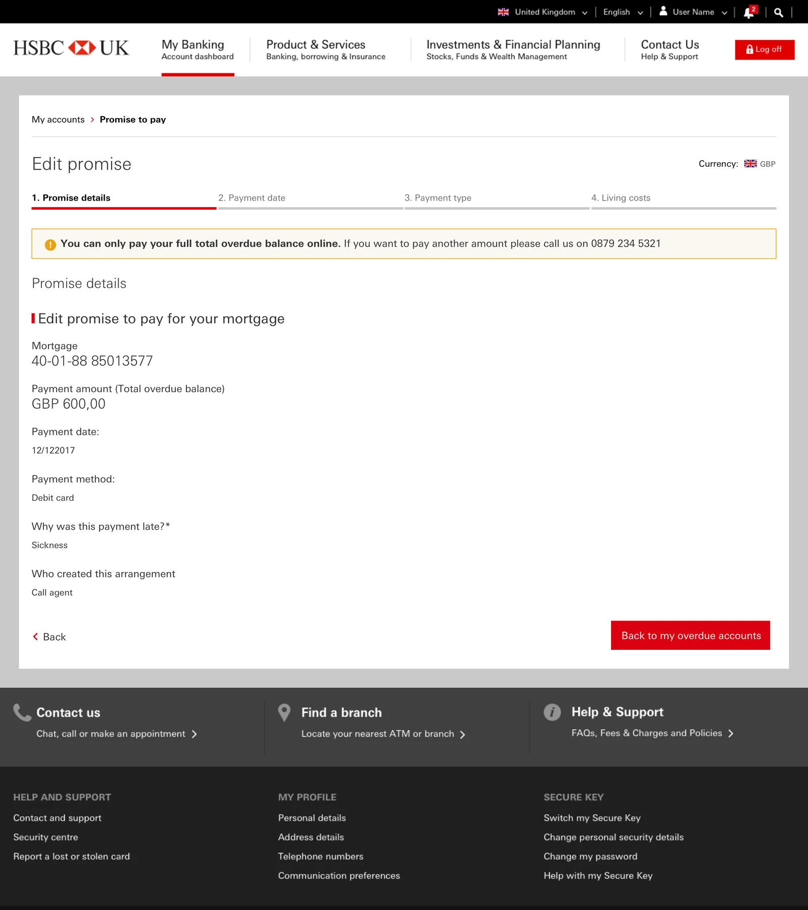 Promise to pay detail screen for a promise created by a call agent, showing the full arrangement including amount, date, payment method and reason for lateness, with no edit or cancel controls and a single route back to the overdue accounts list