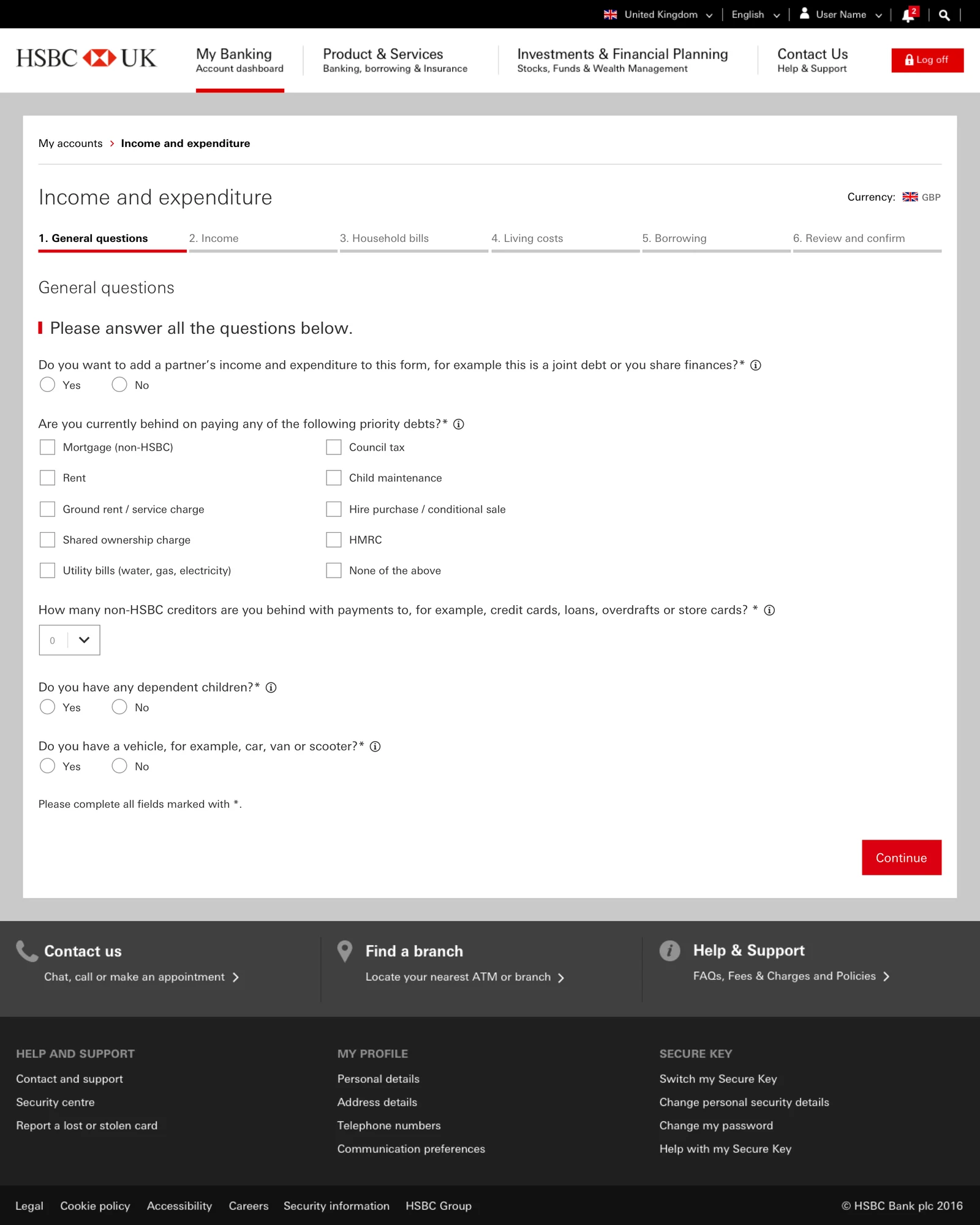 Income and Expenditure form showing the General Questions step with six-step tab navigation across the top and radio button questions below