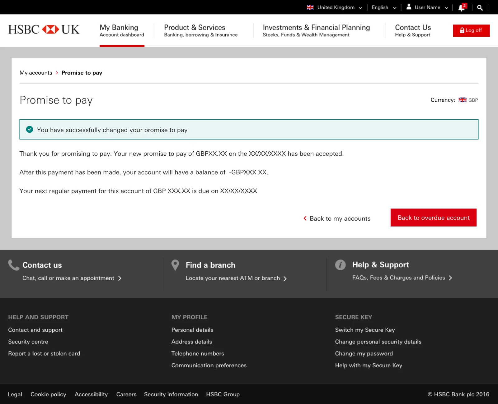 Promise to pay success screen confirming the new promise amount, date, and resulting balance, with a clear next payment date