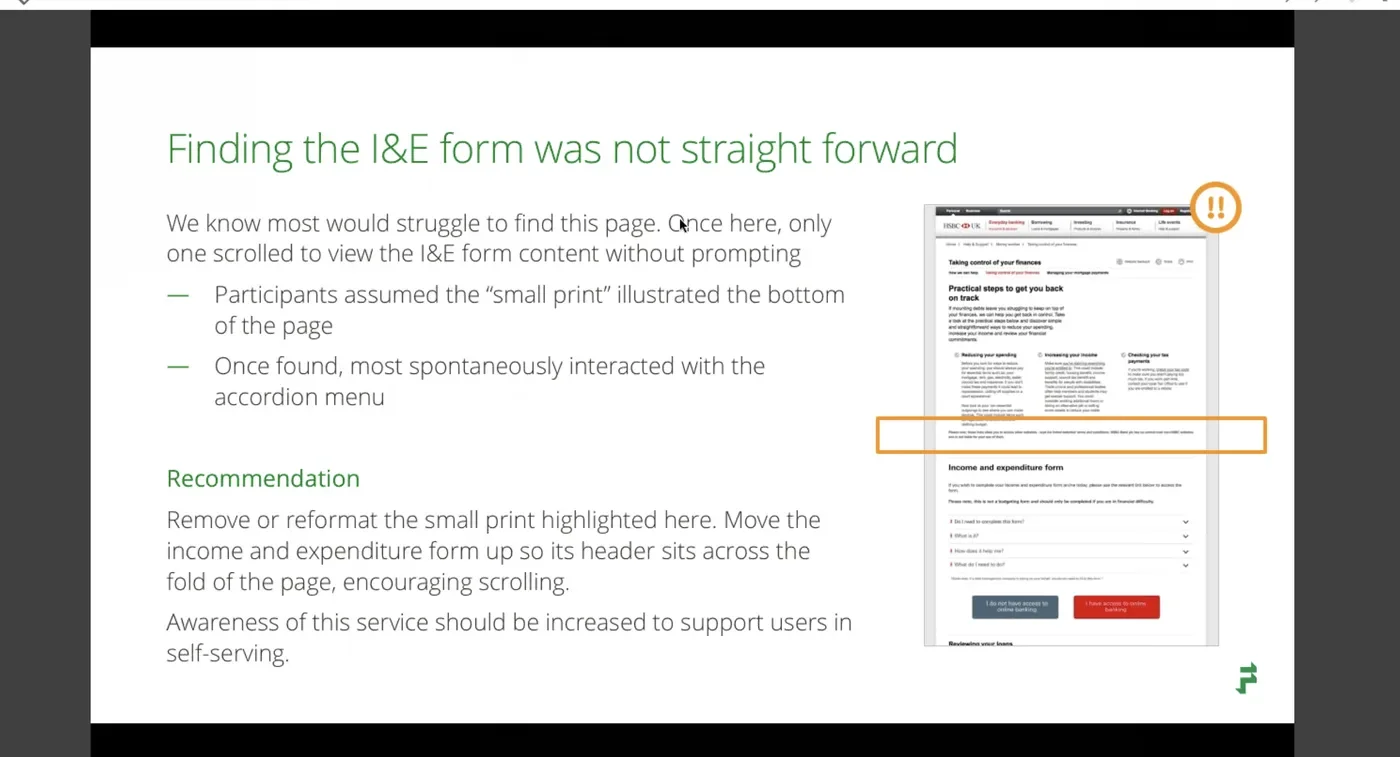 Research debrief slide showing that finding the Income and Expenditure form was not straightforward, with a screenshot of the page and a recommendation to move the form header up across the fold and reformat the small print