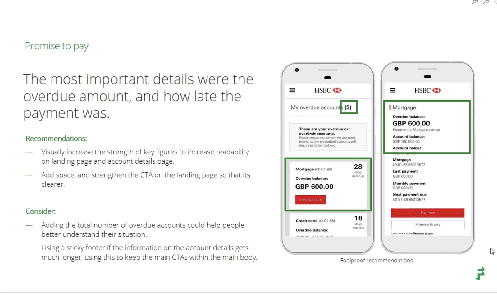 Research debrief slide titled 'There was some hesitation about the right option to choose', showing usability findings and a recommendation to give the three options equal prominence, alongside a screenshot of the account detail screen