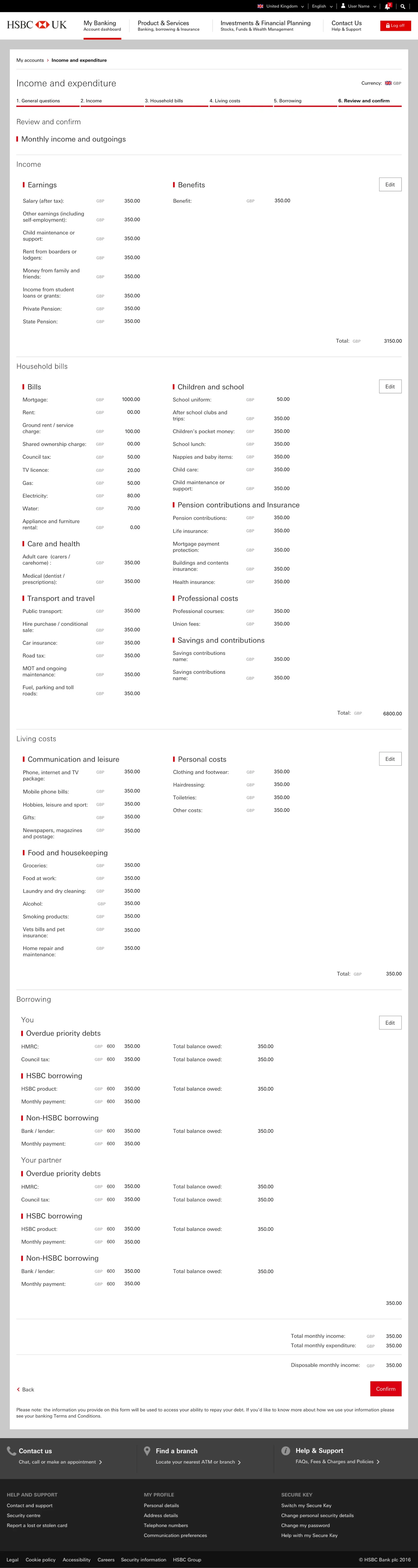 Review and confirm screen with every household bills line item expanded at once, showing dozens of individual figures