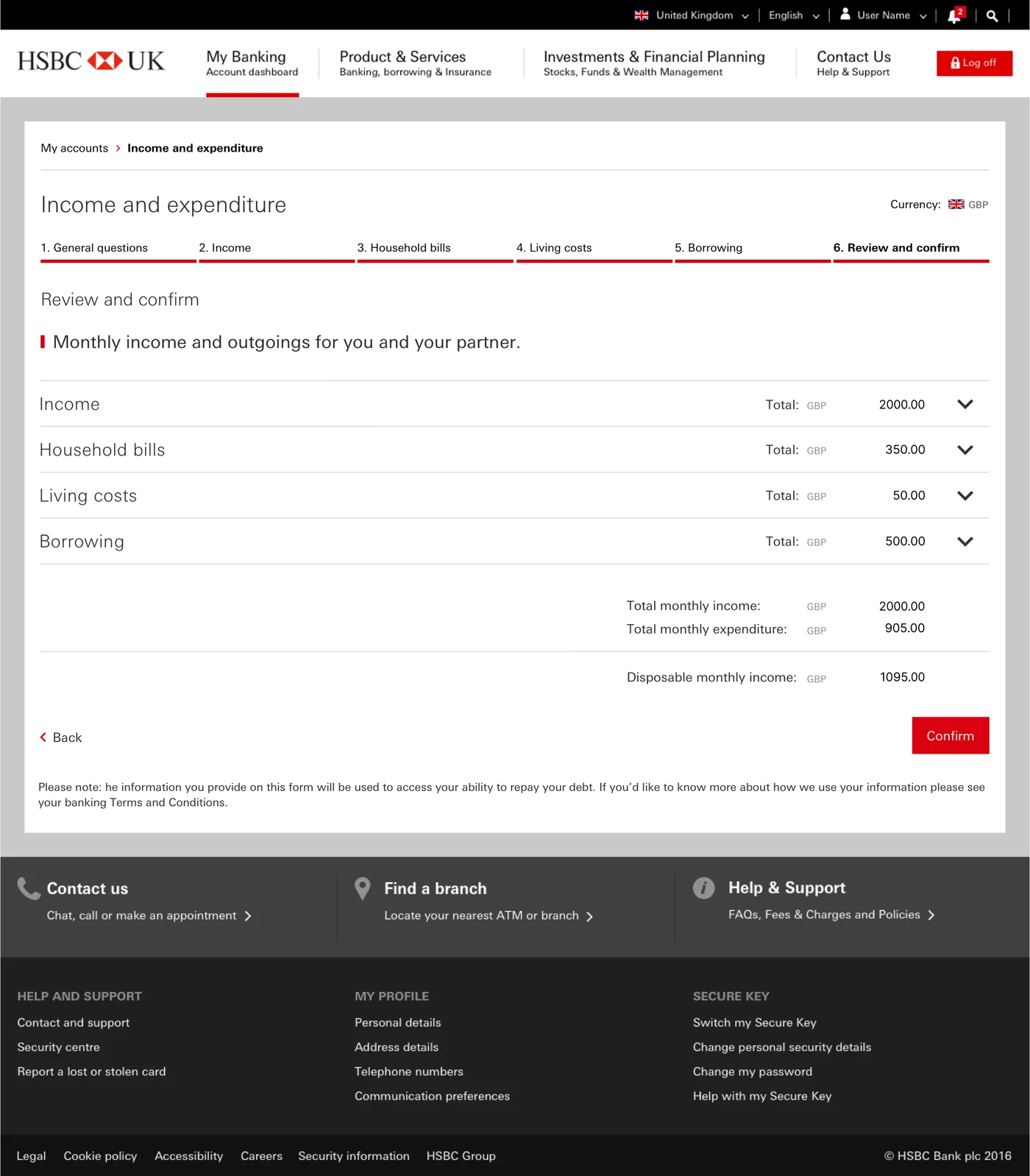 Review and confirm screen in its collapsed state showing five category totals and a clear disposable monthly income figure, with each category expandable