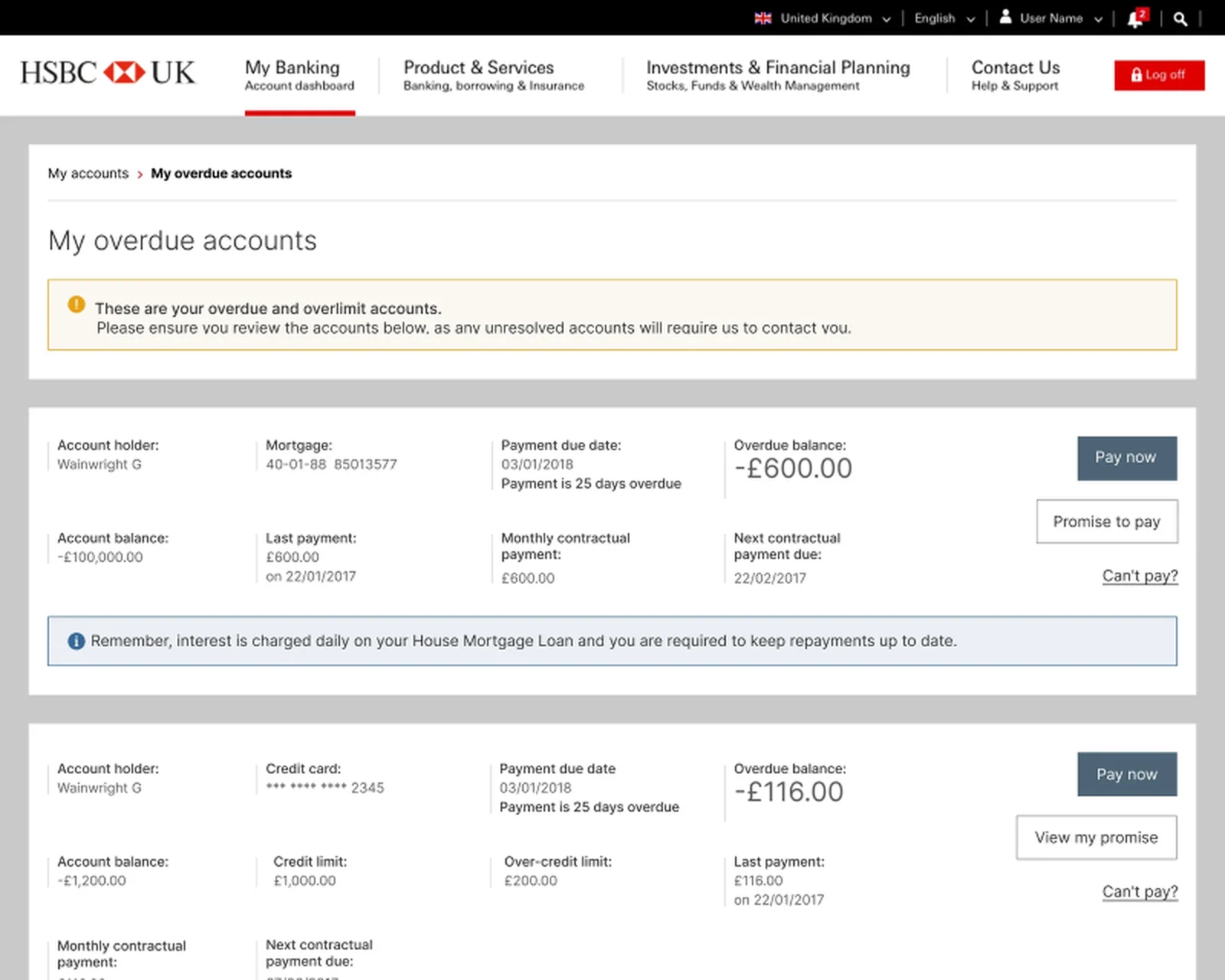HSBC overdue accounts screen