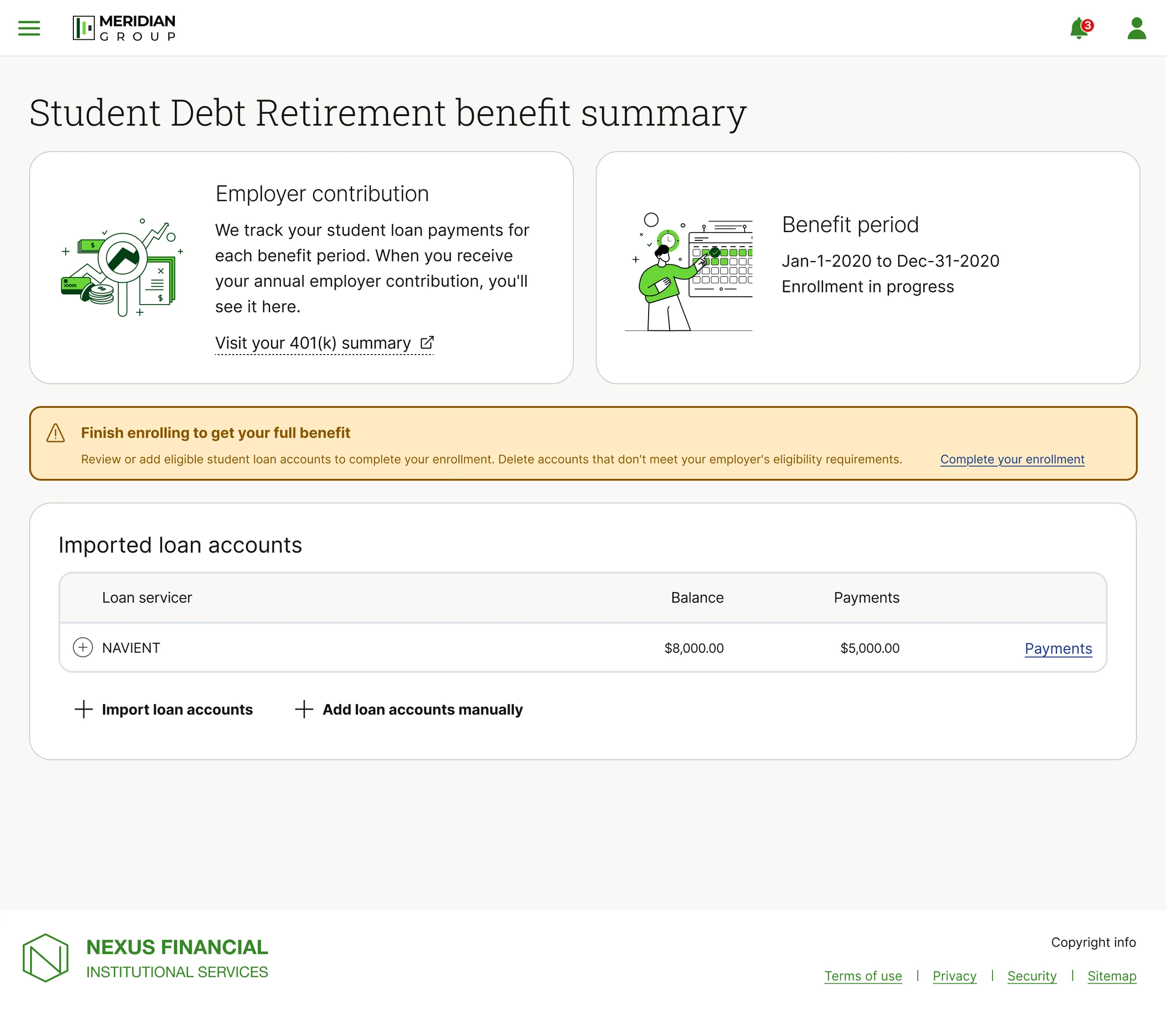 Loan confirmation step showing a single NAVIENT row with one balance and one payments figure, with the individual loans collapsed out of view