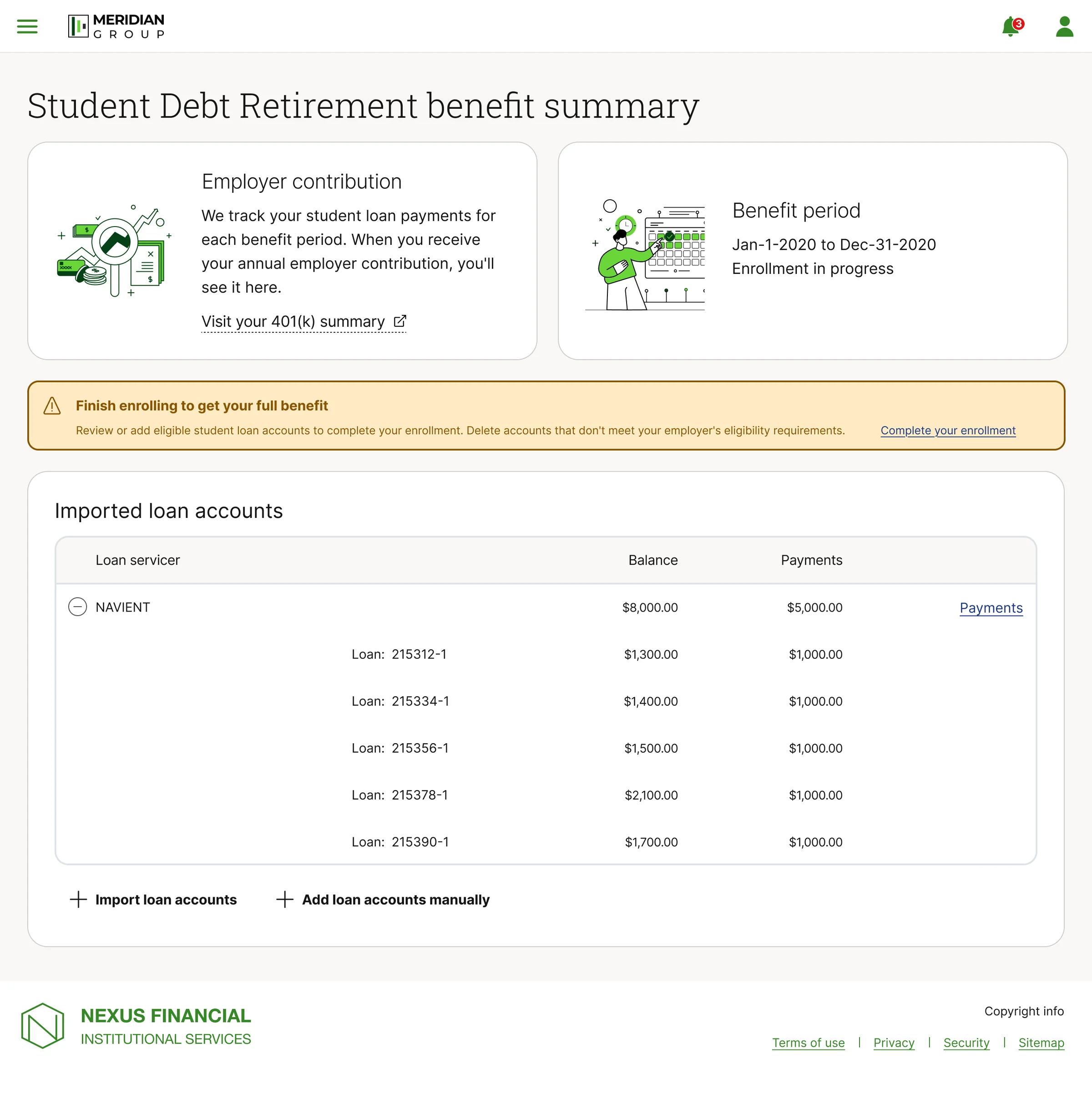 The same loan confirmation step expanded, revealing five individual NAVIENT loan numbers with their own balances and payment figures summing to the servicer total above them