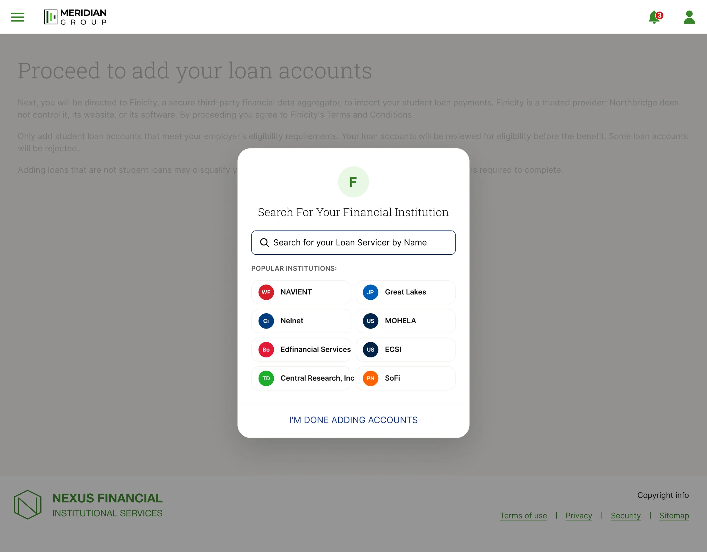 Loan servicer connection step, showing the Finicity search dialog opened over a disclosure page that names the third party, states what it does and does not control, and sets out which accounts are eligible