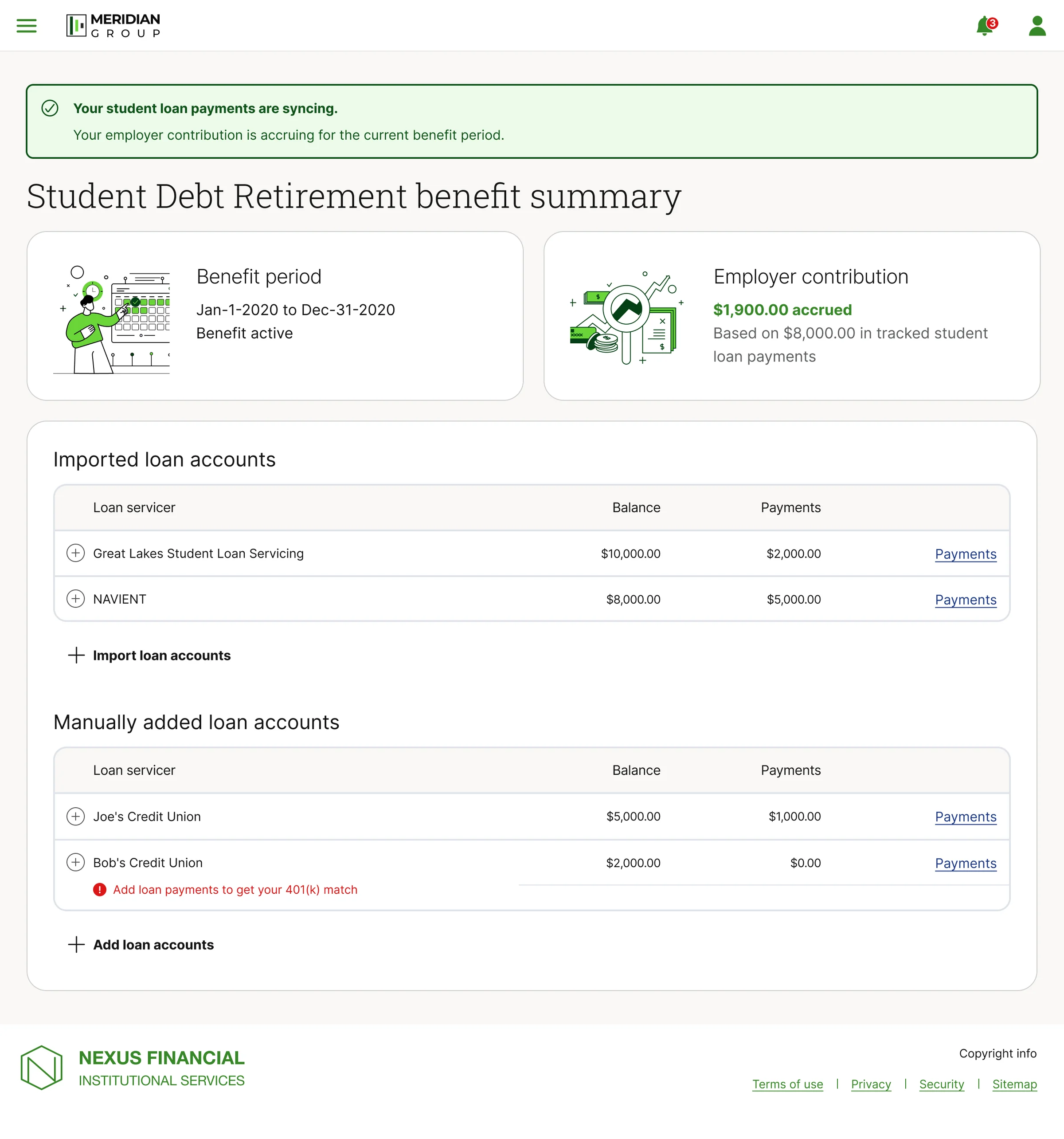 Benefit summary showing an active benefit period with $1,900.00 accrued against $8,000.00 in tracked student loan payments across four loan accounts, and an inline prompt on the one account not yet reporting payments