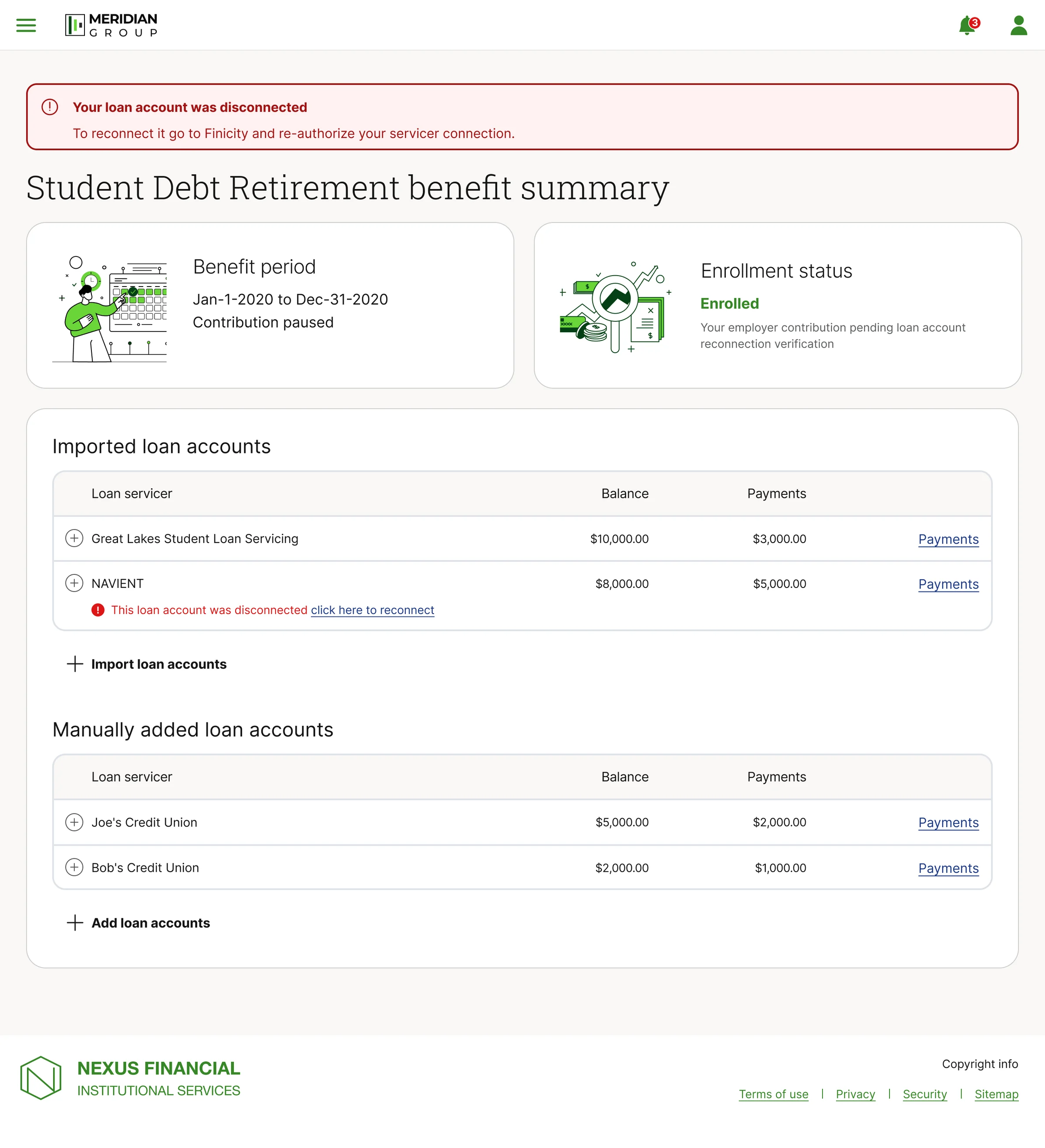 Benefit summary with a page level alert that a loan account was disconnected, and an inline error on the NAVIENT row with a link to reconnect, while the other three loan accounts continue reporting payments