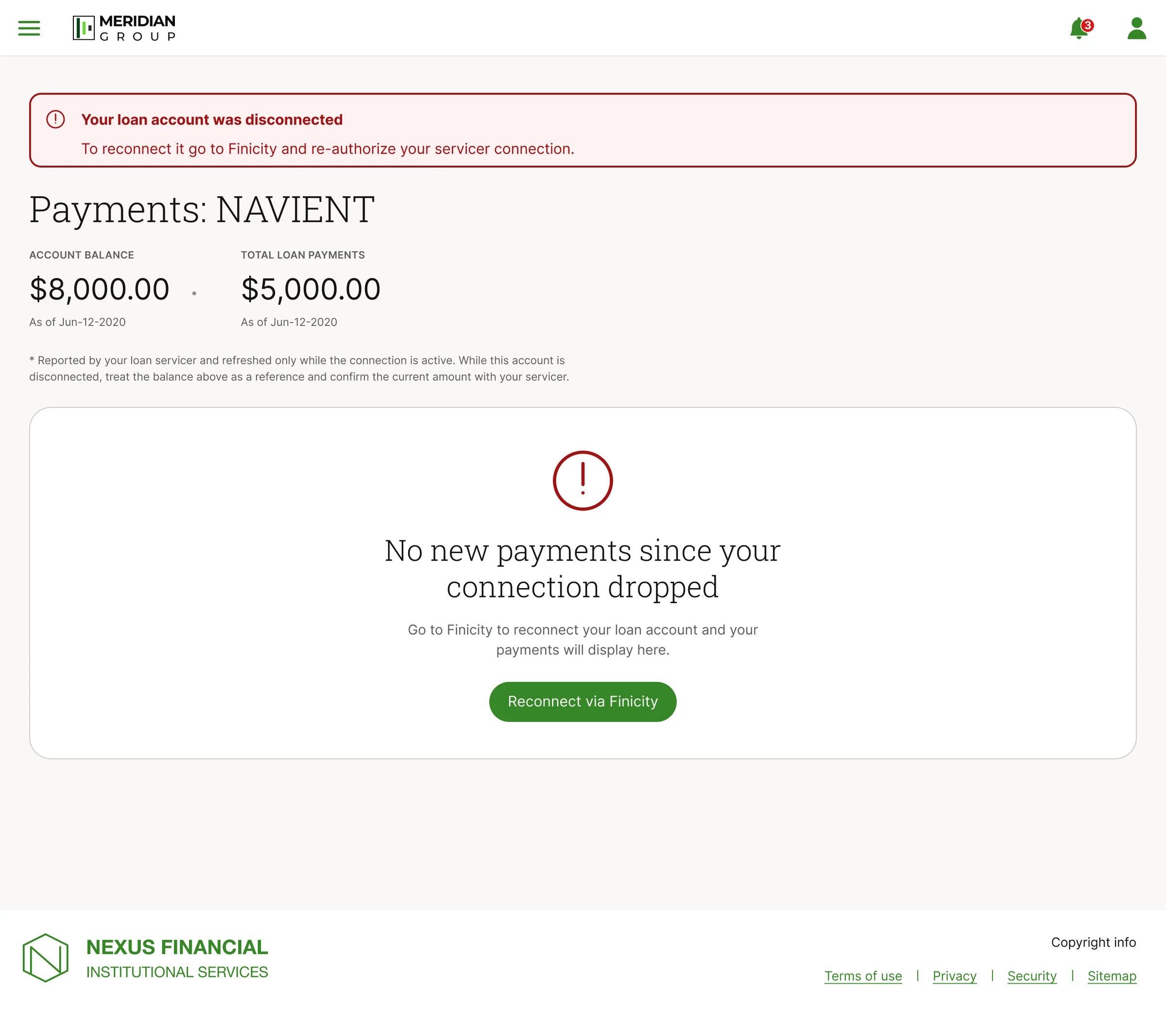 NAVIENT payments page showing an account balance of $8,000.00 and $5,000.00 in tracked loan payments, with an empty state explaining that no new payments have arrived since the connection dropped and a button to reconnect through Finicity