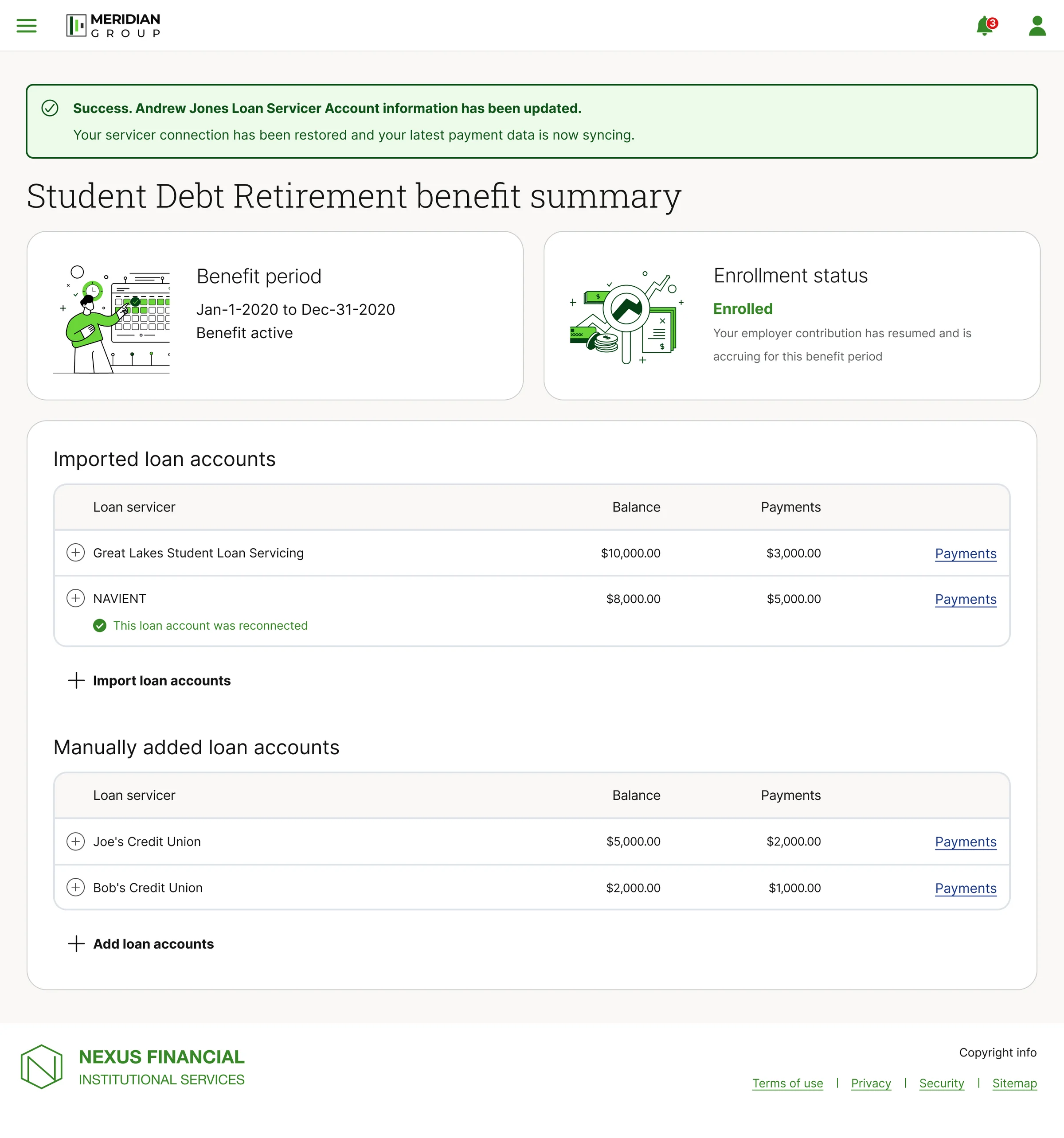 Benefit summary confirming the servicer connection has been restored and payment data is syncing again, with a reconnected confirmation on the NAVIENT row where the earlier error appeared
