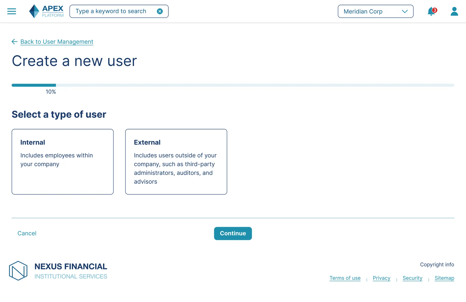 User type selection screen, empty state