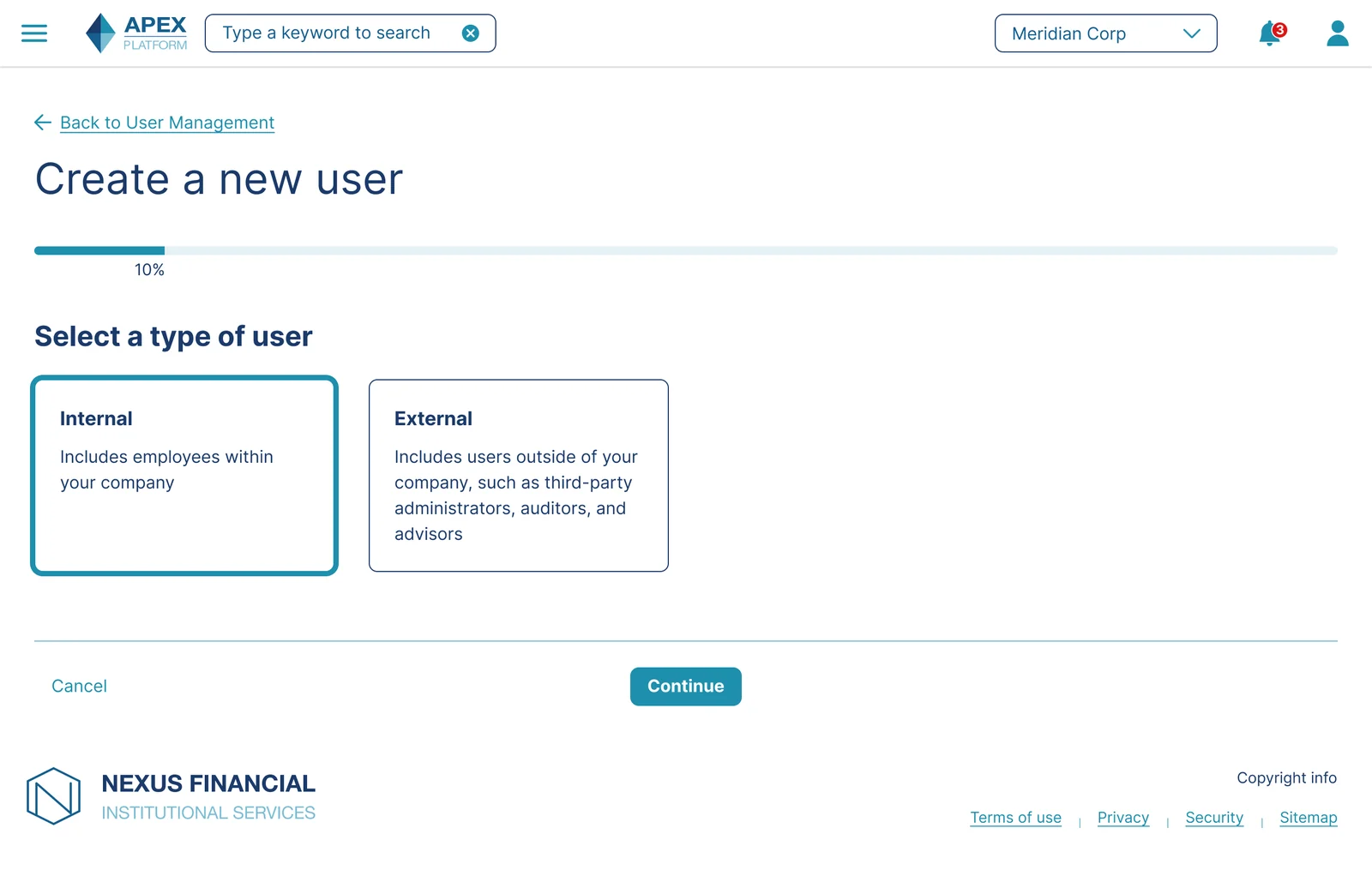 User type selection screen, Internal selected