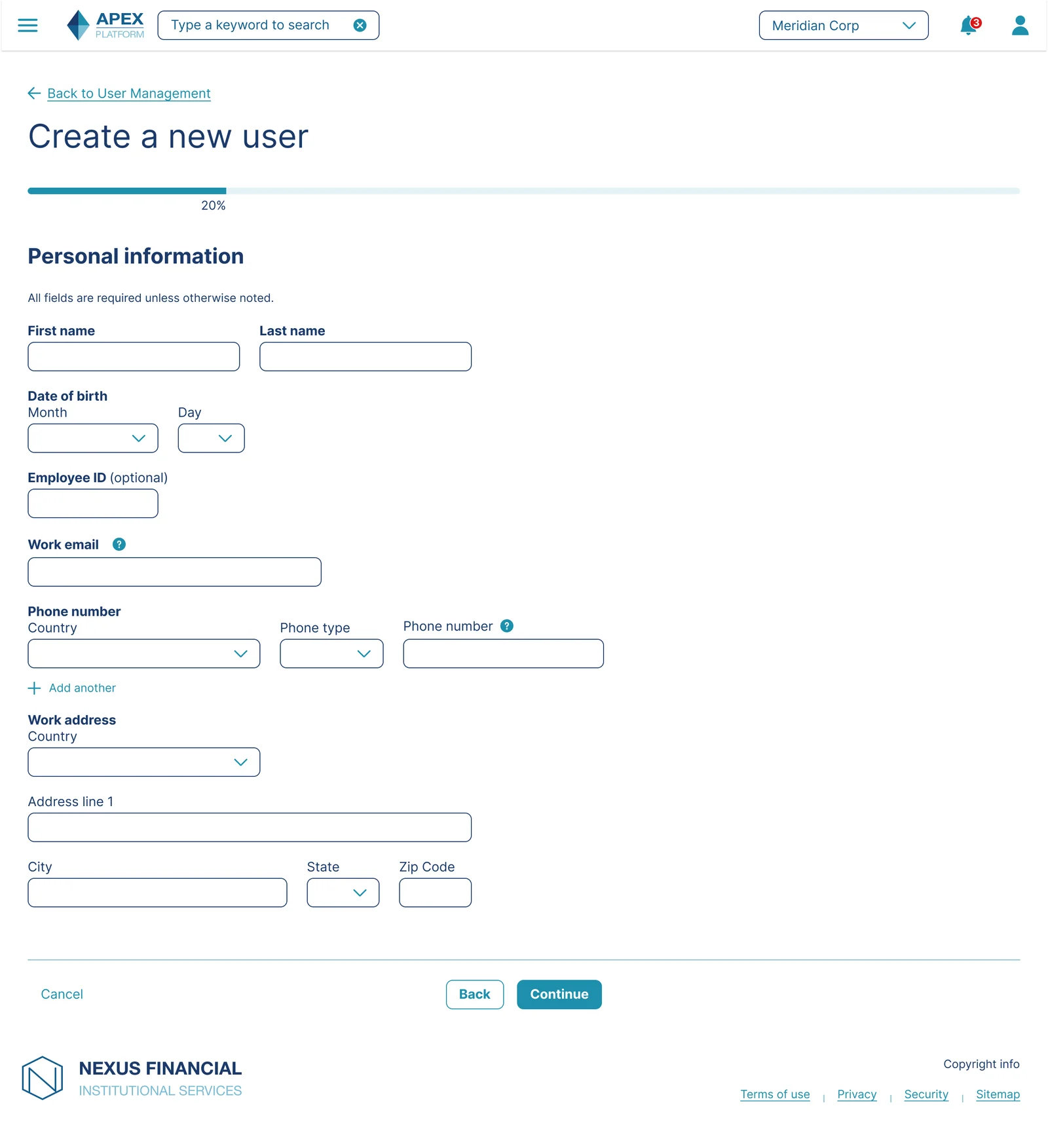 Personal information form, empty state