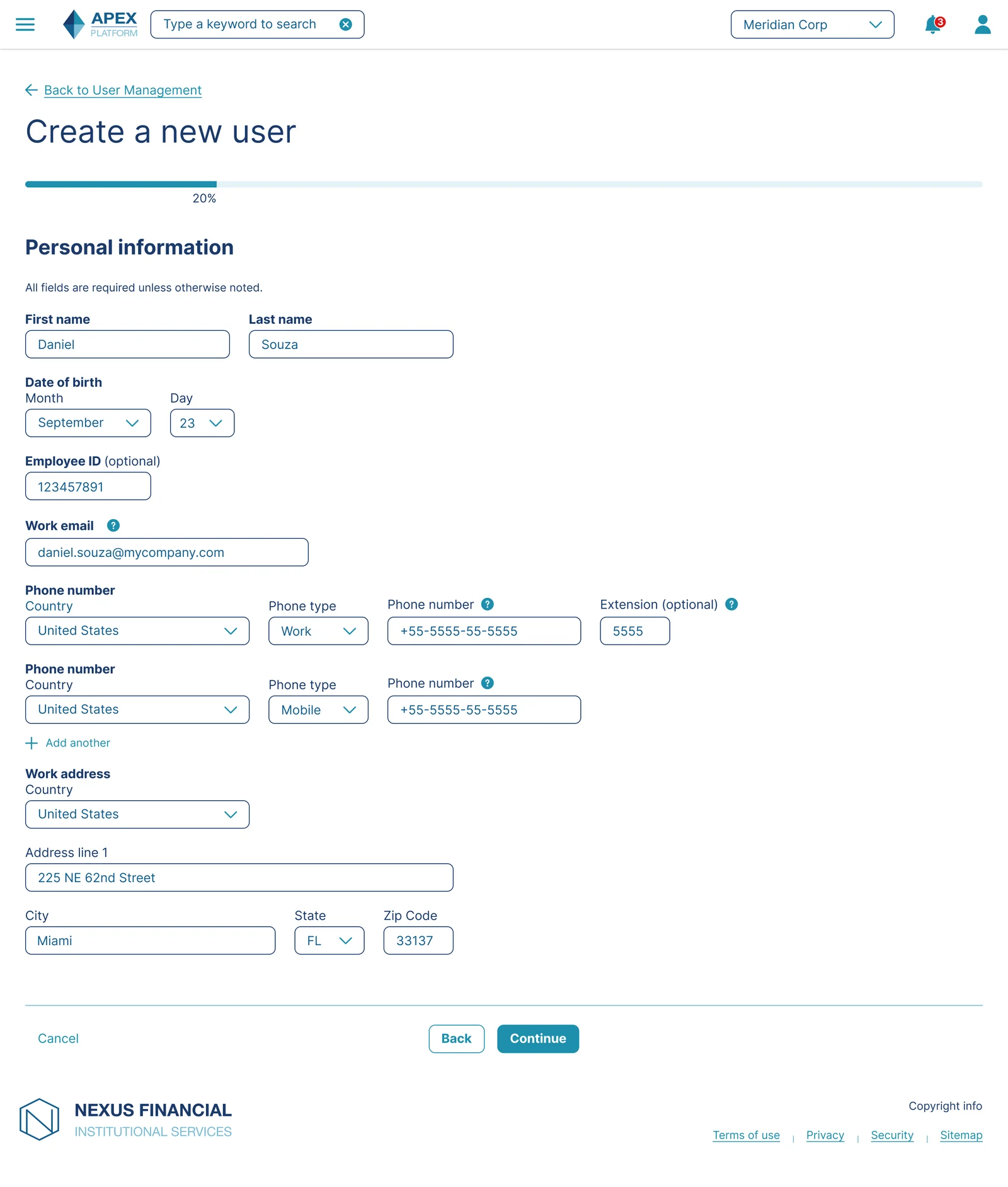 Personal information form, filled with Daniel Souza's details
