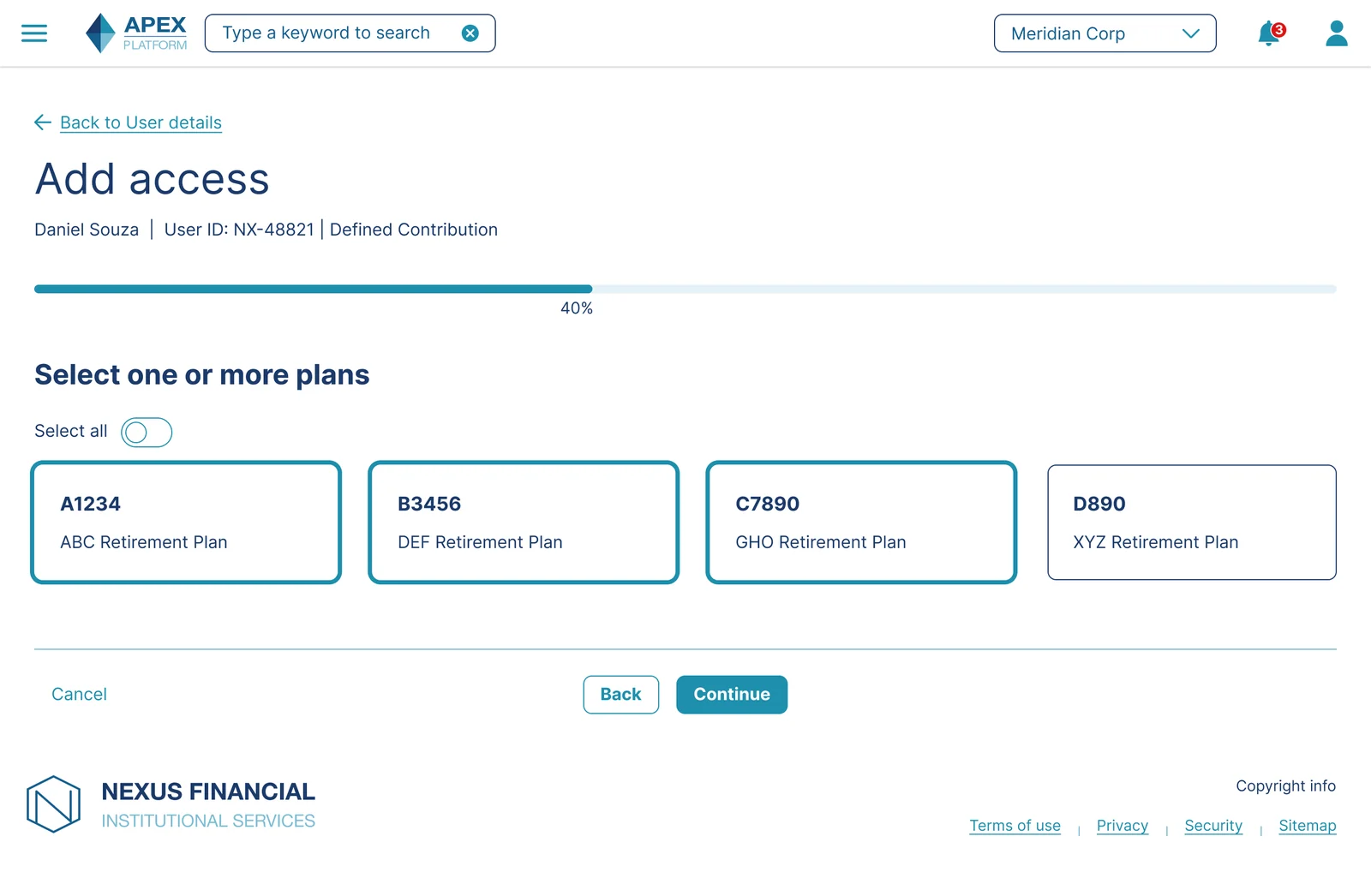 Plan selection, three plans selected