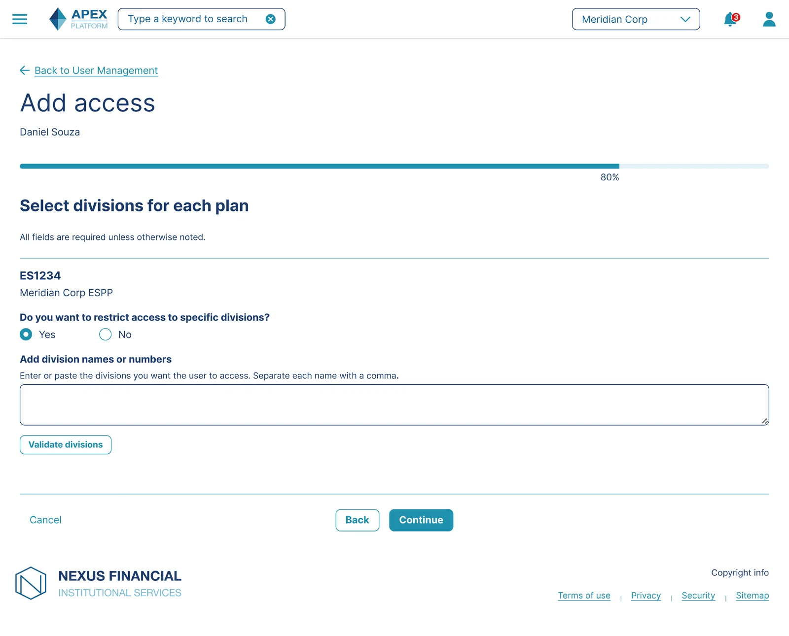 SPS division step, showing a text entry field for division names with a validate button