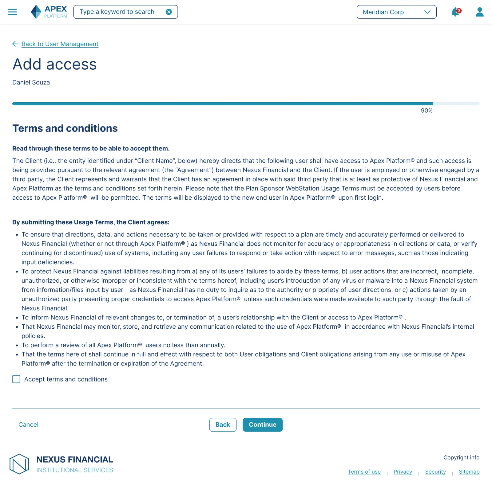 SPS terms and conditions screen at 90% progress