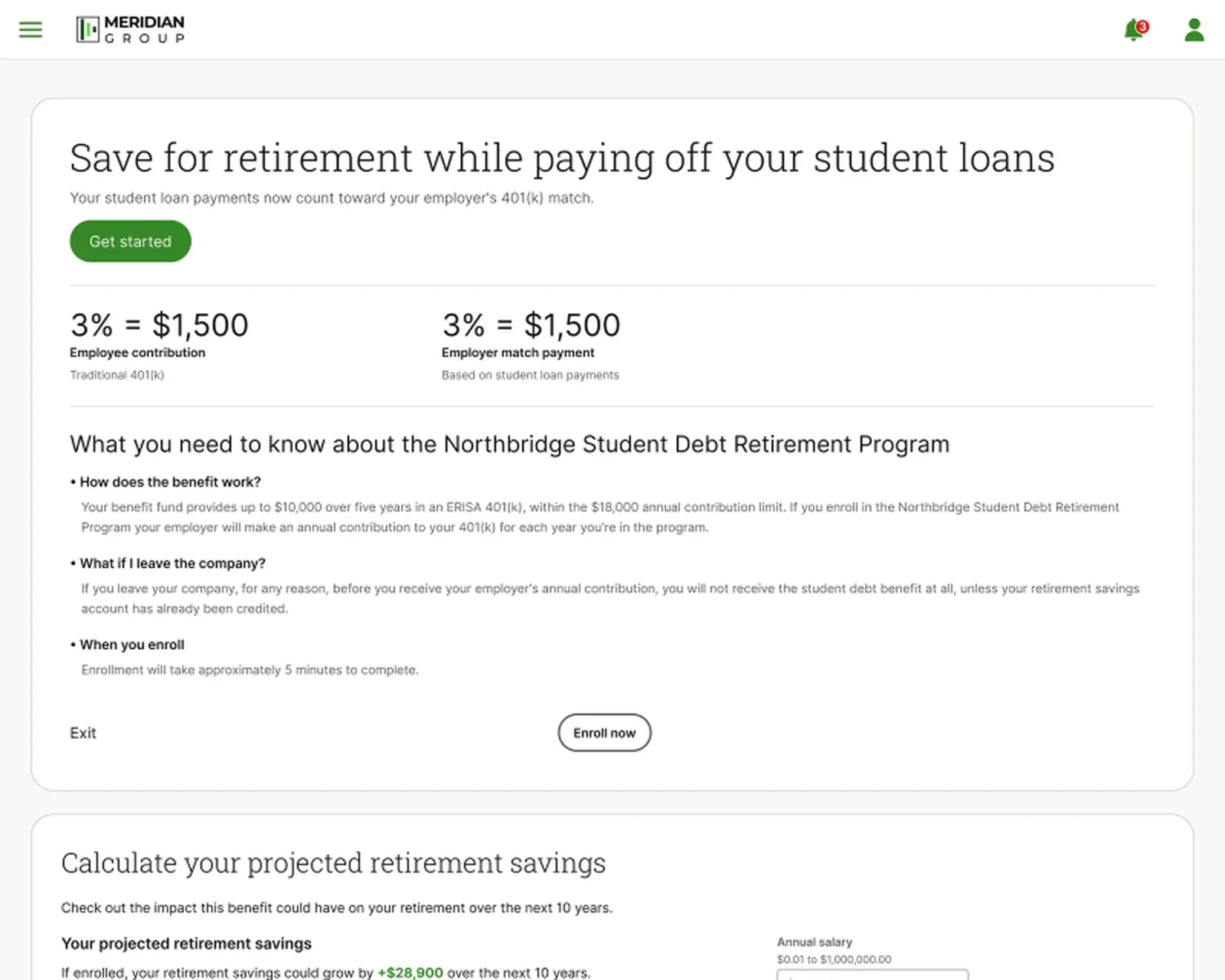Student loan retirement benefit screen